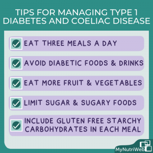 Graphic showing tips for managing type 1 diabetes and coeliac disease